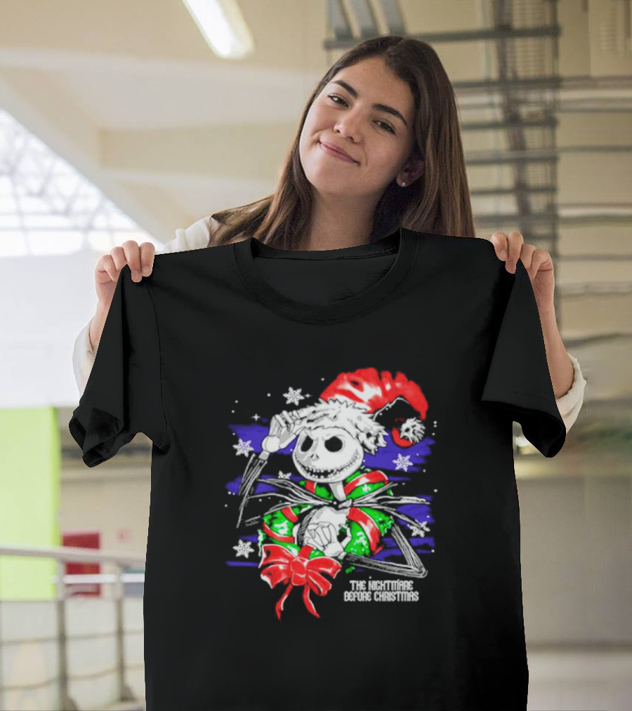 The Nightmare Before Christmas Jack Skellington In Santa Hat And Grinch Green Scarf T-Shirt