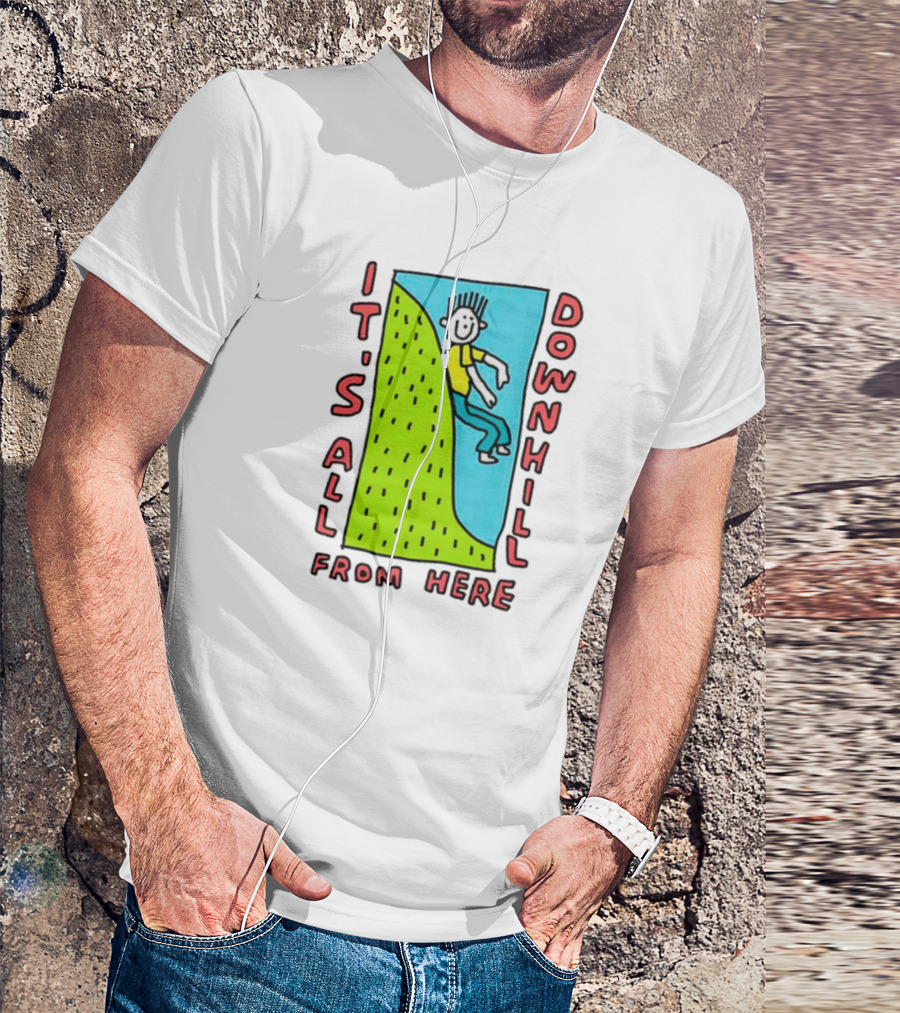 IT'S ALL DOWNHILL FROM HERE Cartoon Character Sliding Down Green Hill T-Shirt