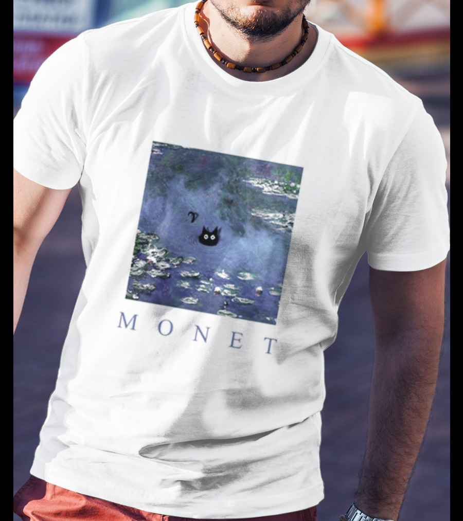 Monet Waterlily Black Cat In Pond With Monet Text T-Shirt