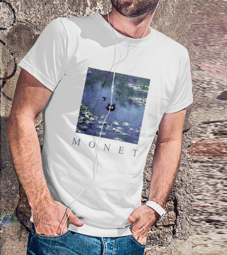 Monet Waterlily Black Cat In Pond With Monet Text T-Shirt