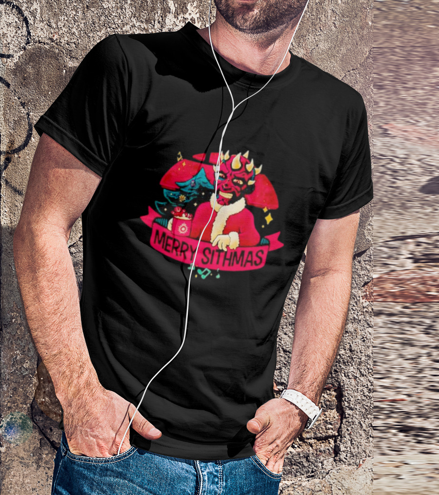 Star Wars Merry Sithmas Featuring Darth Maul In Santa Suit With Christmas Tree And Festive Elements T-Shirt