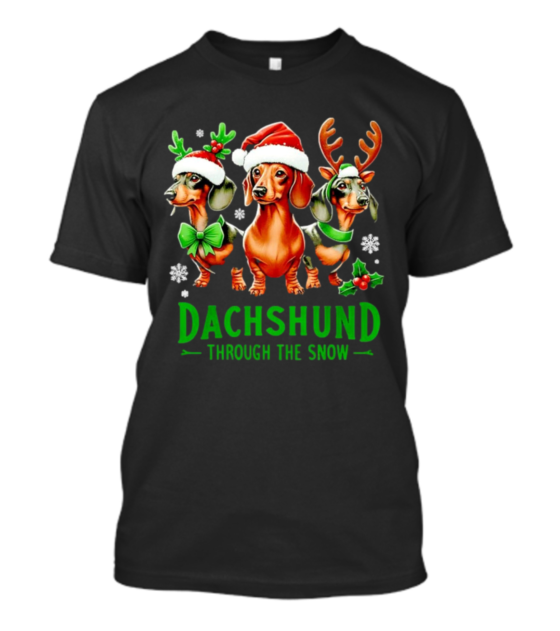 Dachshund Through The Snow Santa Hat Reindeer Antlers Christmas Bow T-Shirt