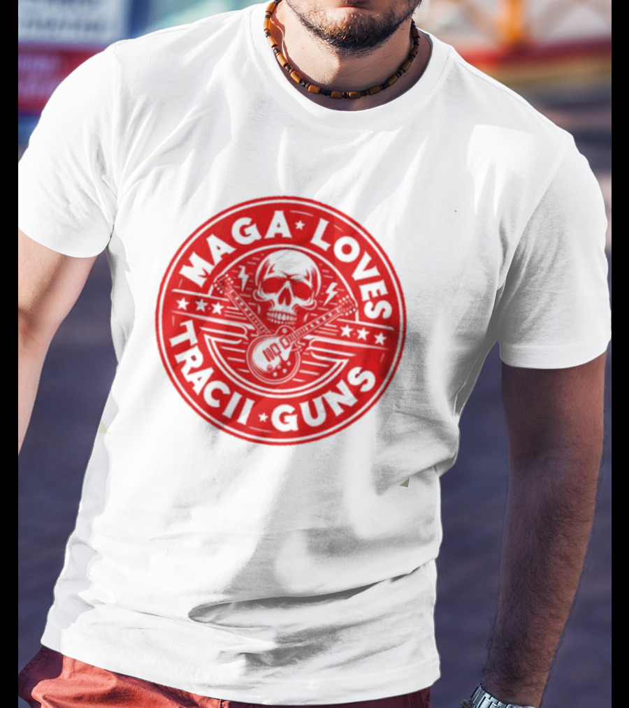 Maga Loves Tracii Guns Skull And Guitar Emblem With Stars And Lightning Bolts T-Shirt