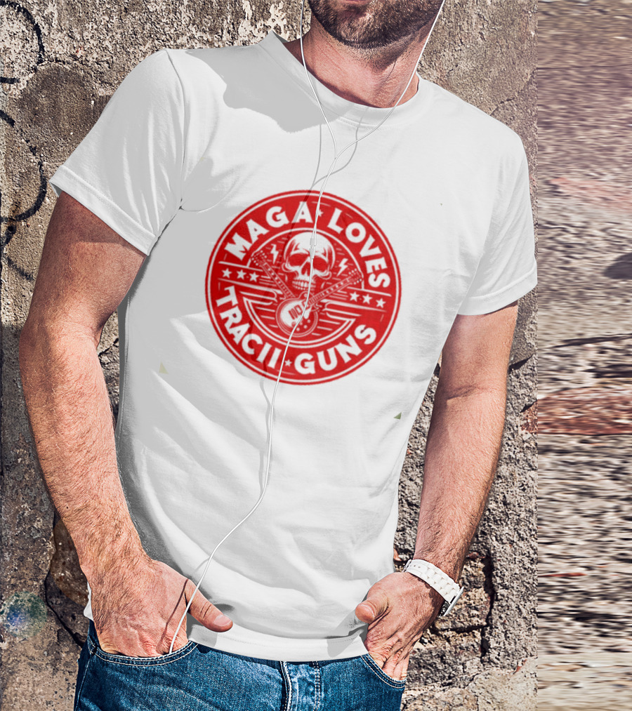Maga Loves Tracii Guns Skull And Guitar Emblem With Stars And Lightning Bolts T-Shirt