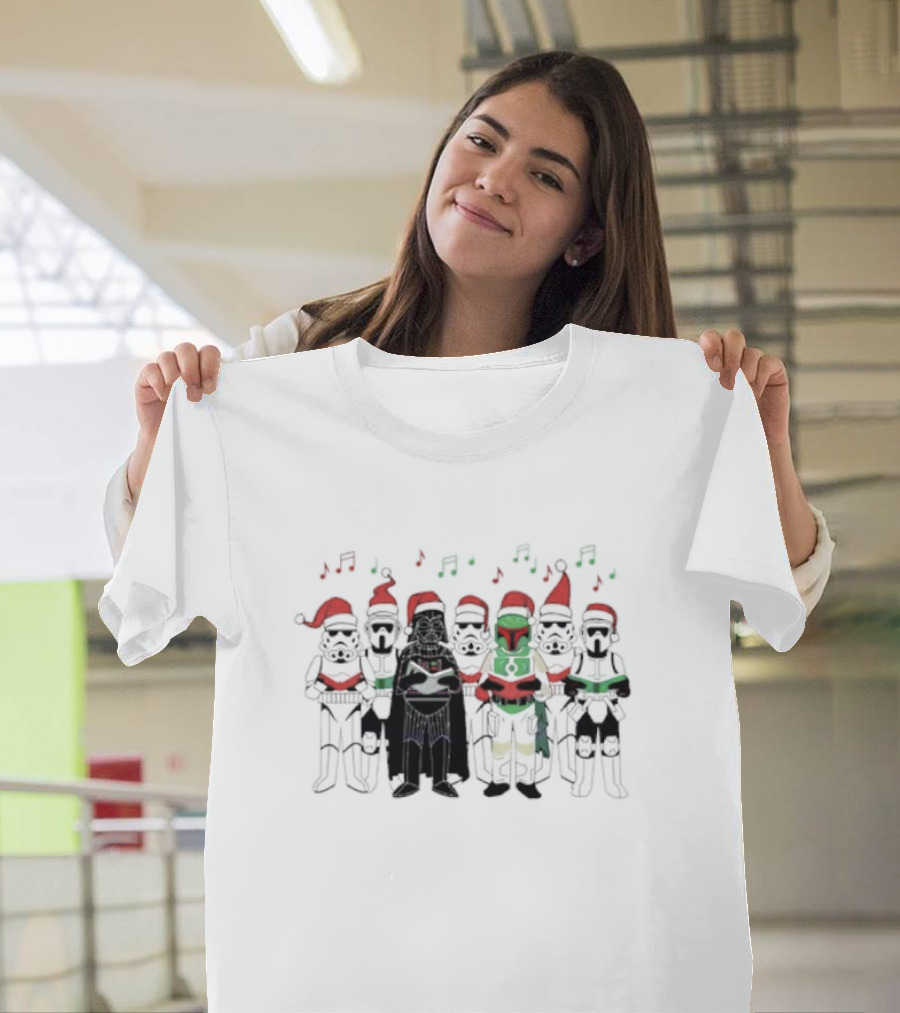 Star Wars Characters Santa Hats Singing Christmas Carols T-Shirt