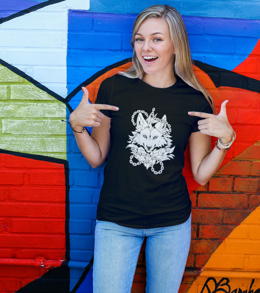 Wolf And Chains Intricate Black White T-Shirt