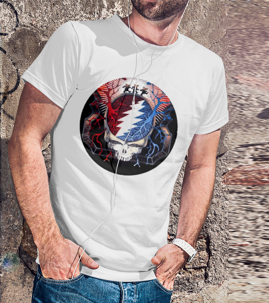 Grateful Dead Skull Bear Red Blue Lightning Bolt Circle T-Shirt