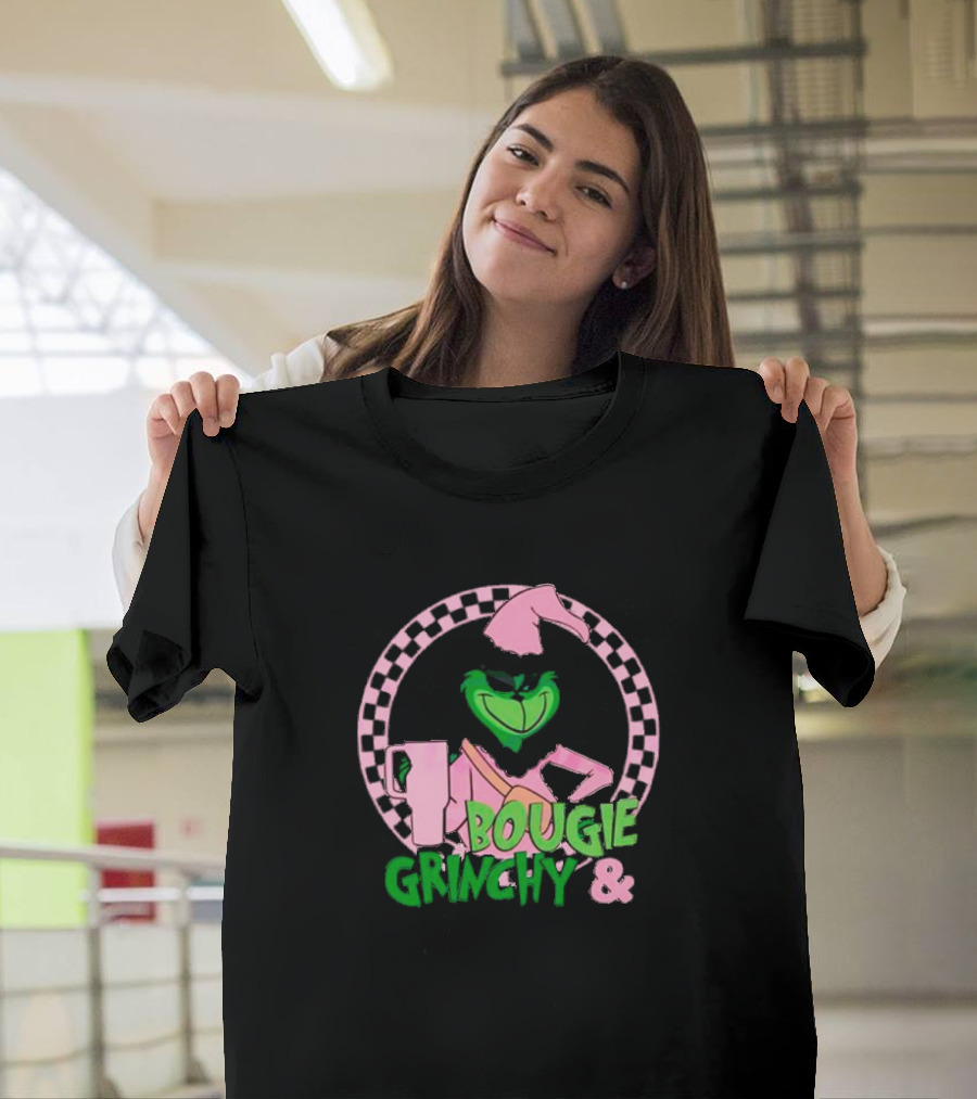 Bougie Grinchy And Pink Character With Checkerboard Circle T-Shirt