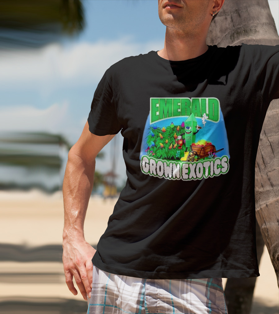 Emerald Grown Exotics Colorful Harvest With EGE Mascot And Wagon T-Shirt