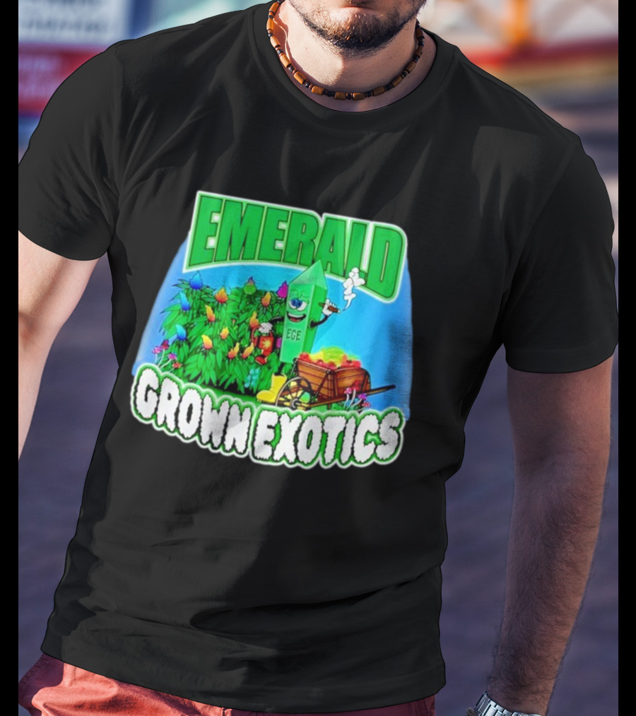 Emerald Grown Exotics Colorful Harvest With EGE Mascot And Wagon T-Shirt
