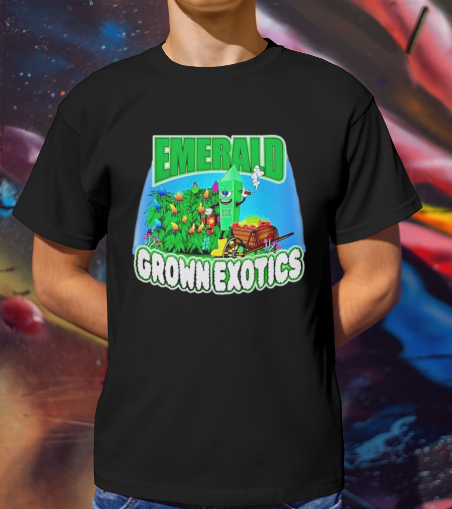 Emerald Grown Exotics Colorful Harvest With EGE Mascot And Wagon T-Shirt