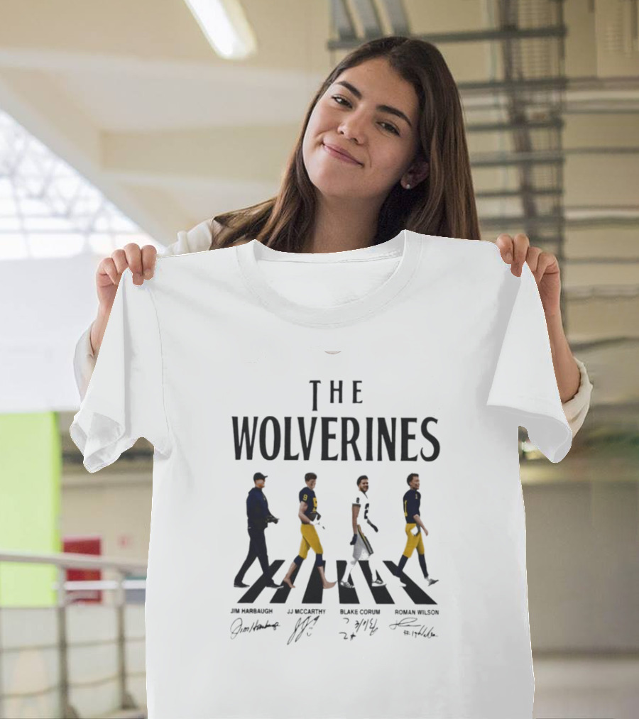 The Wolverines Abbey Road Walk With Signatures Jim Harbaugh J.J. McCarthy Blake Corum Roman Wilson T-Shirt
