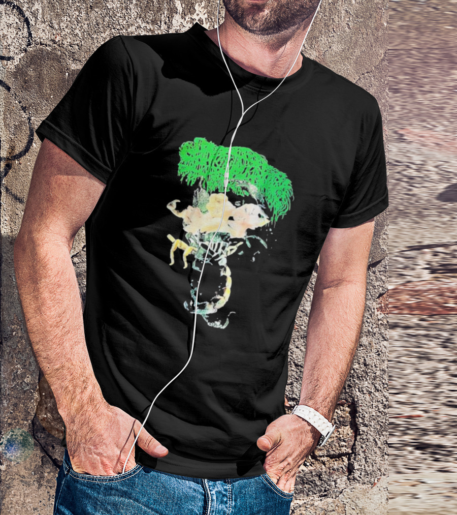 Sanguisugabogg Homicidal Ecstacy Abstract Green Dripping Text With Floral Skull And Spine T-Shirt
