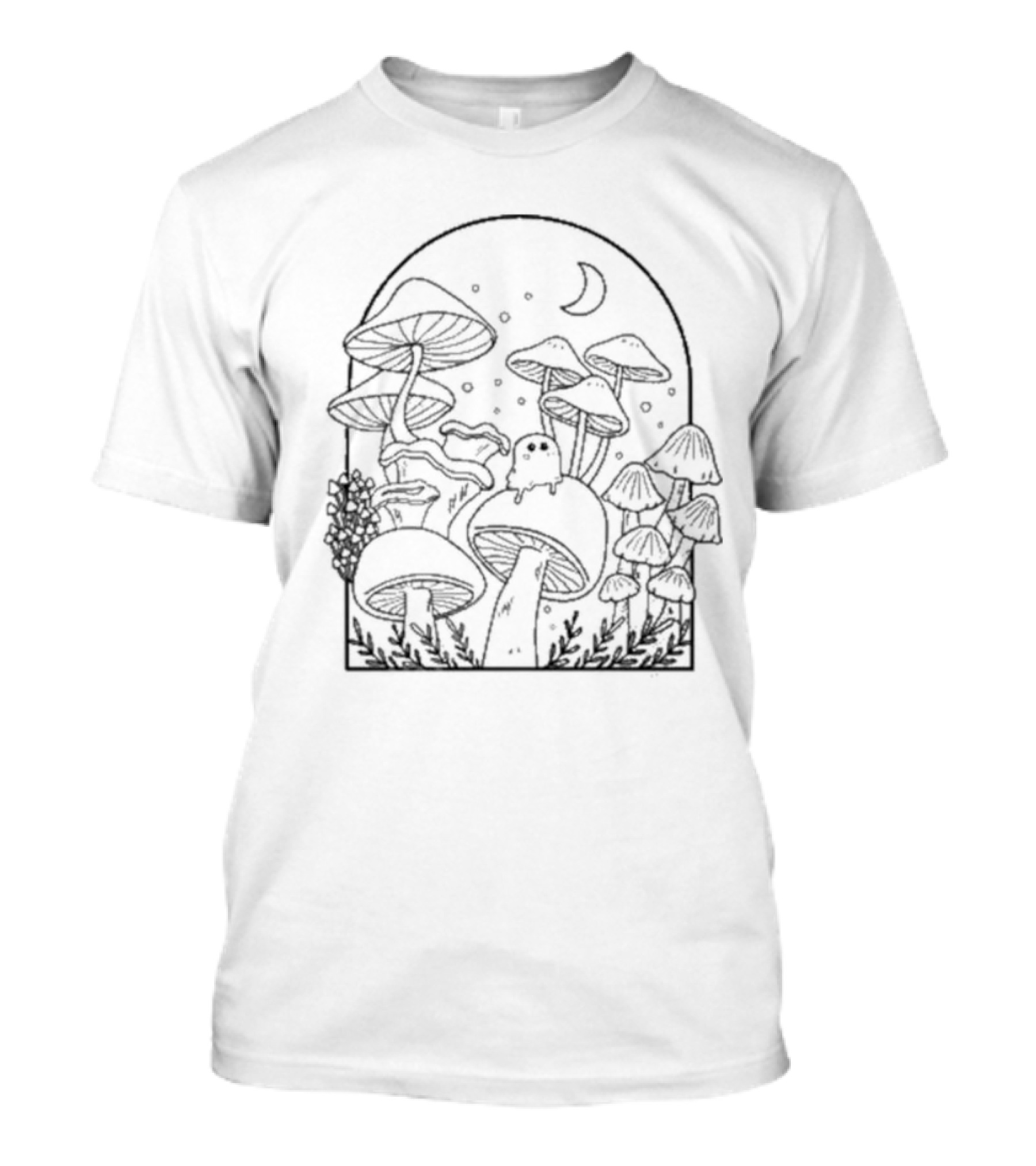 Slimecicle Mushroom Forest Night Scene With Crescent Moon And Cute Ghostly Creature T-Shirt