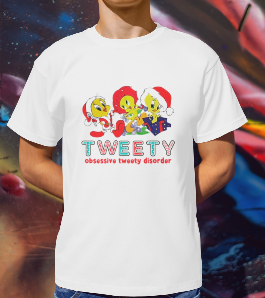 Tweety Obsessive Tweety Disorder With Christmas Hats And Gifts T-Shirt