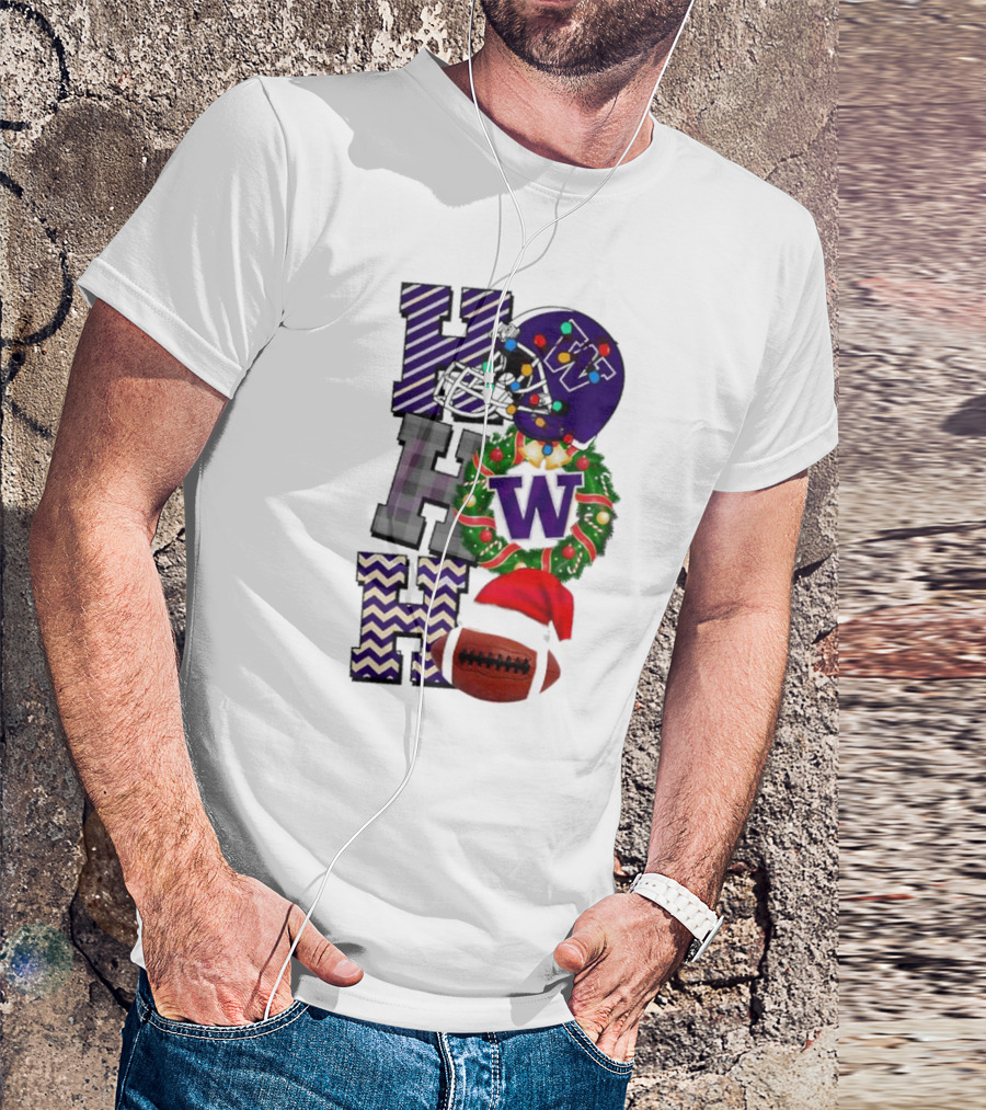 Washington Huskies Football Christmas Helmet Wreath Football Santa Hat Ho Ho Ho T-Shirt