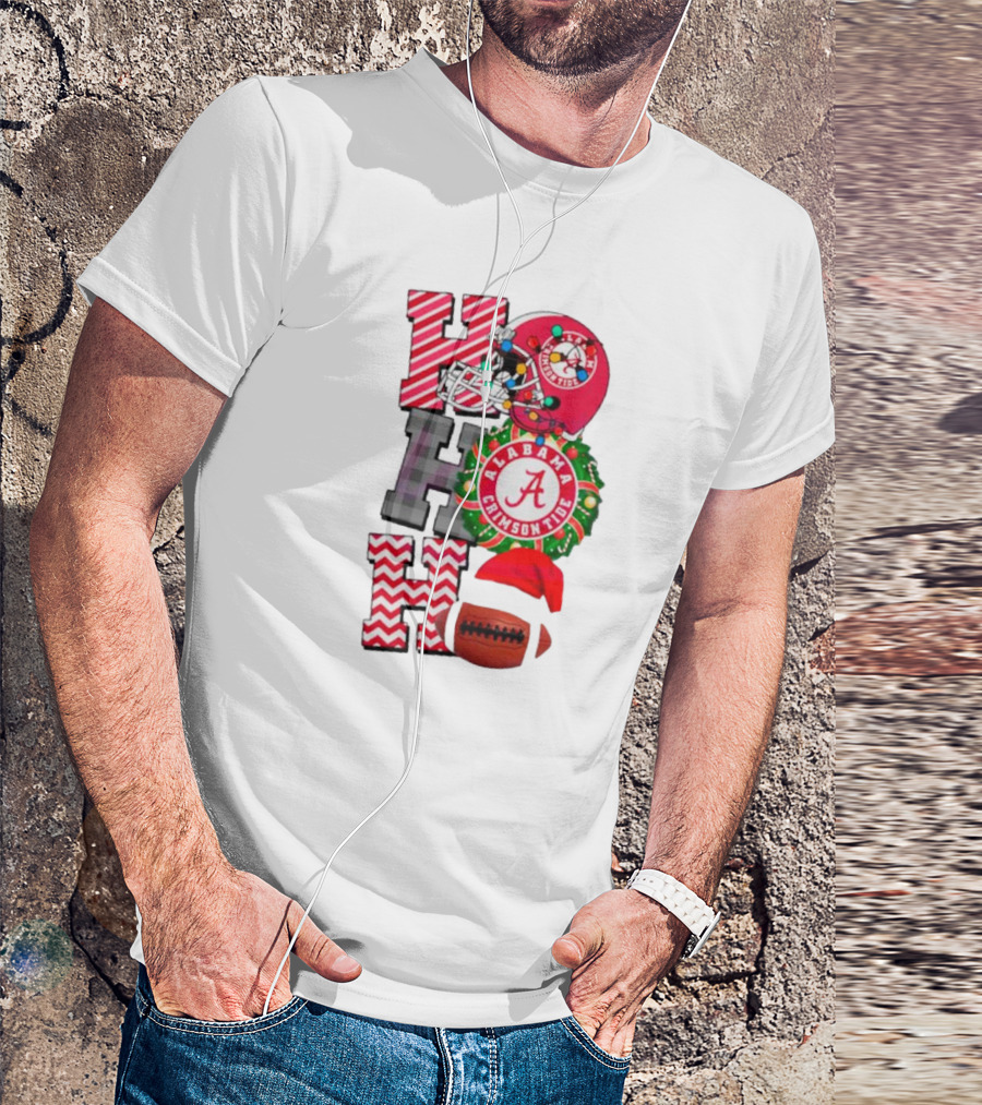 Alabama Crimson Tide Football Christmas Ho Ho Ho Santa Hat Wreath Football Helmet T-Shirt