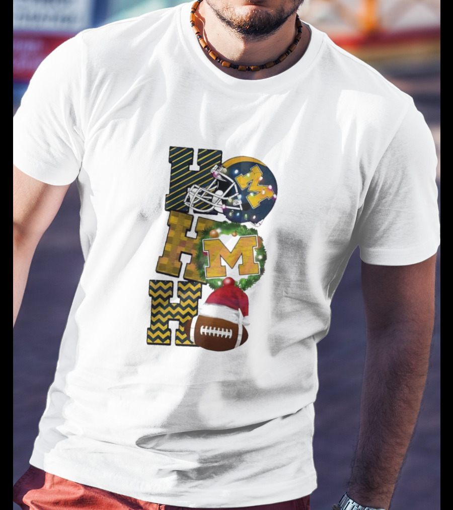 Michigan Wolverines Football Helmet Wreath Christmas Ho Ho Ho T-Shirt