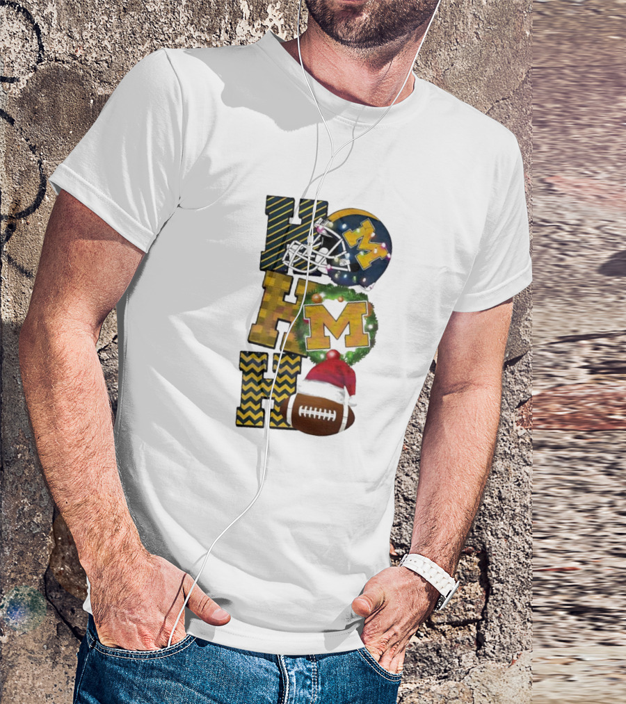 Michigan Wolverines Football Helmet Wreath Christmas Ho Ho Ho T-Shirt