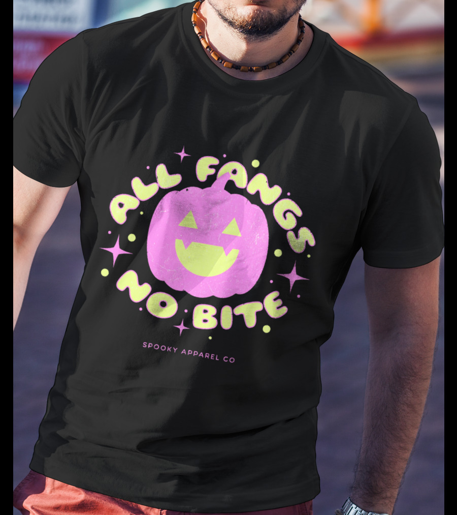 All Fangs No Bite Spooky Apparel Co Halloween Pumpkin T-Shirt