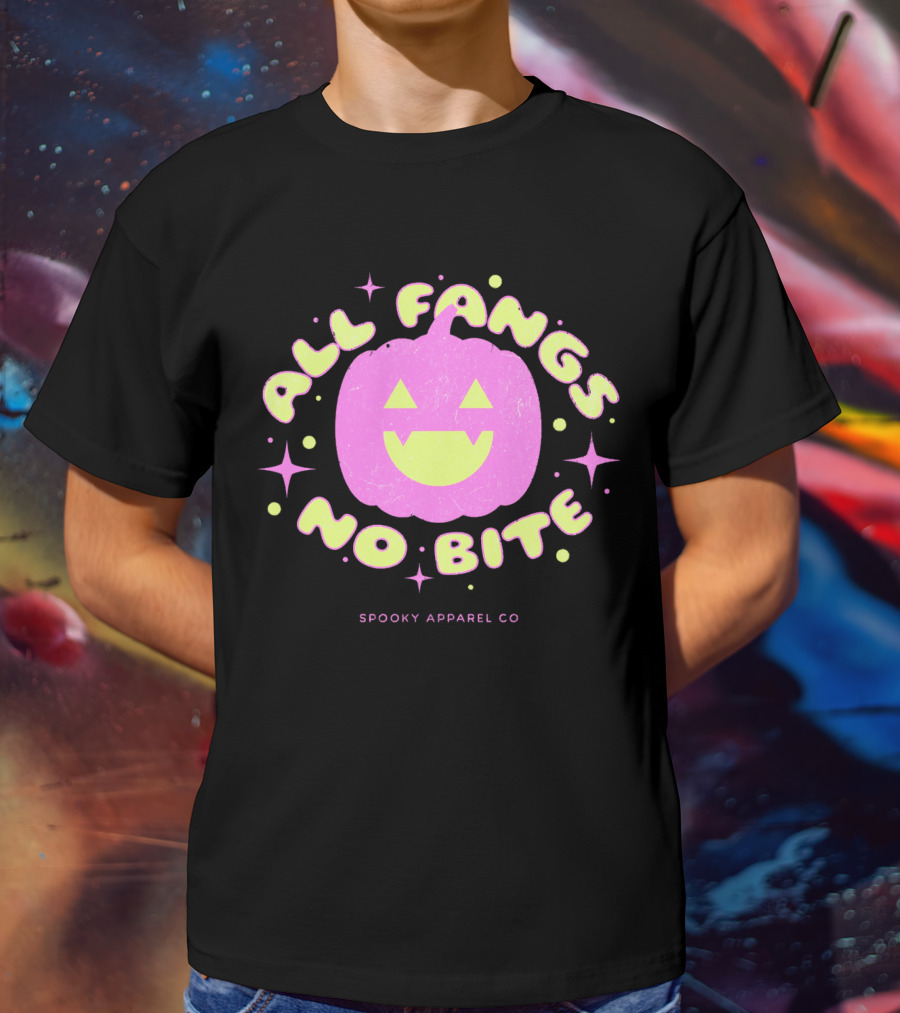 All Fangs No Bite Spooky Apparel Co Halloween Pumpkin T-Shirt