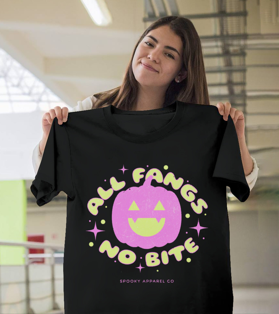 All Fangs No Bite Spooky Apparel Co Halloween Pumpkin T-Shirt