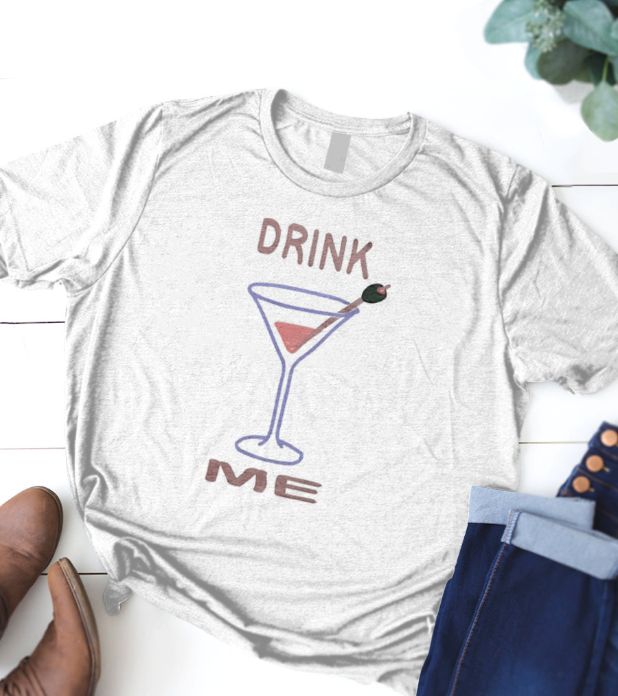 Drink Me Retro Martini Glass With Olive Stirrer T-Shirt