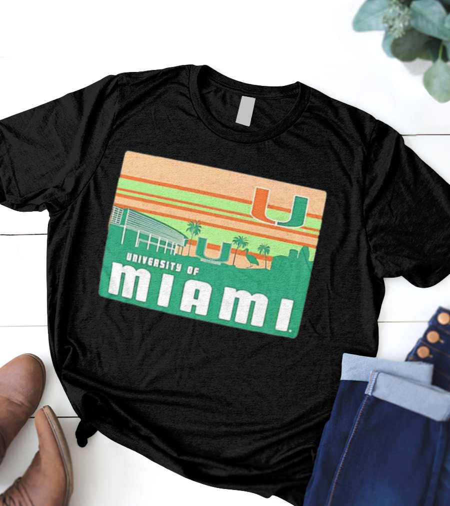 University Of Miami Hurricanes Retro Campus Skyline Palm Trees T-Shirt