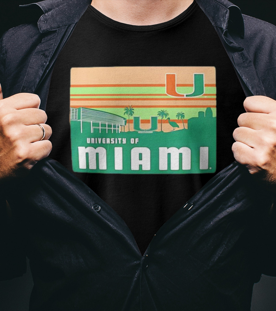 University Of Miami Hurricanes Retro Campus Skyline Palm Trees T-Shirt