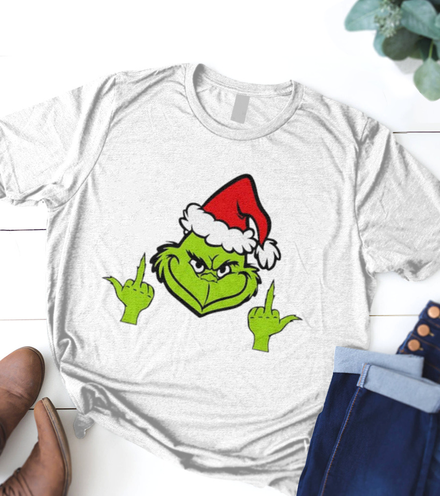 Grinch Middle Finger Funny Grinchmas Santa Claus Iconic Holiday Humor T-Shirt