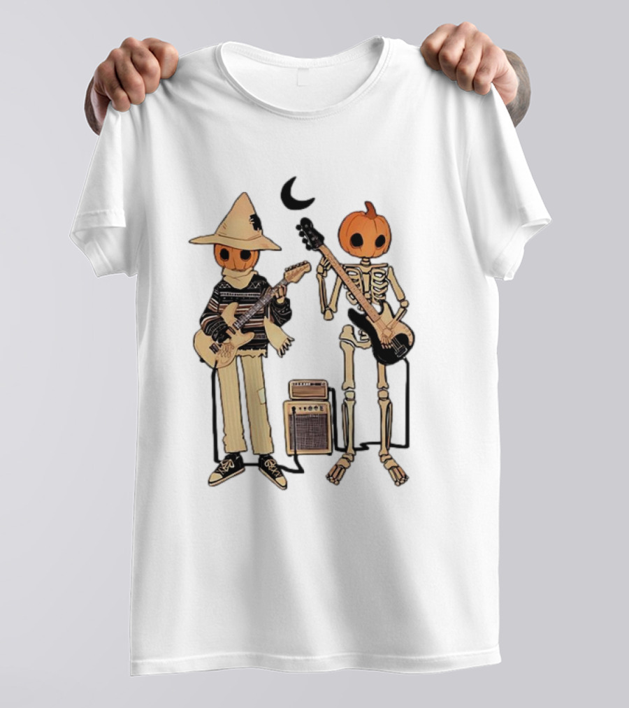 Libby Frame Pumpkin Skeleton Musicians With Crescent Moon T-Shirt
