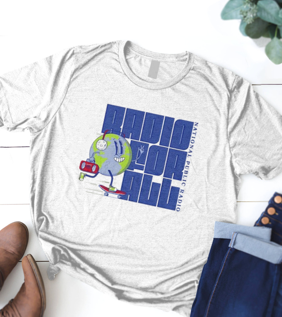 RADIO FOR ALL National Public Radio Cartoon Skateboarding Globe T-Shirt