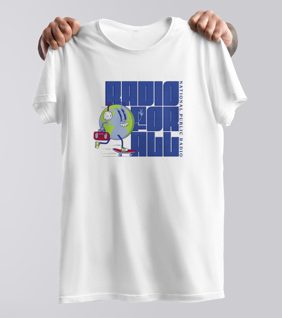 RADIO FOR ALL National Public Radio Cartoon Skateboarding Globe T-Shirt