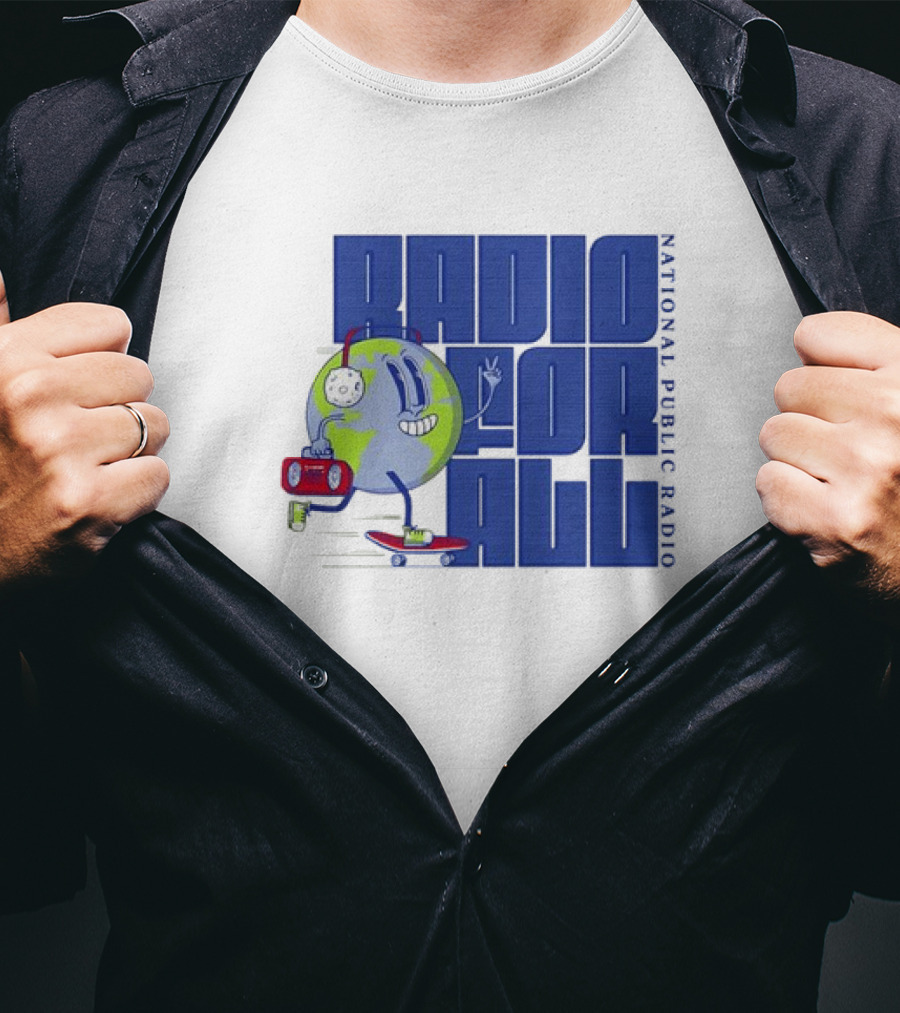 RADIO FOR ALL National Public Radio Cartoon Skateboarding Globe T-Shirt