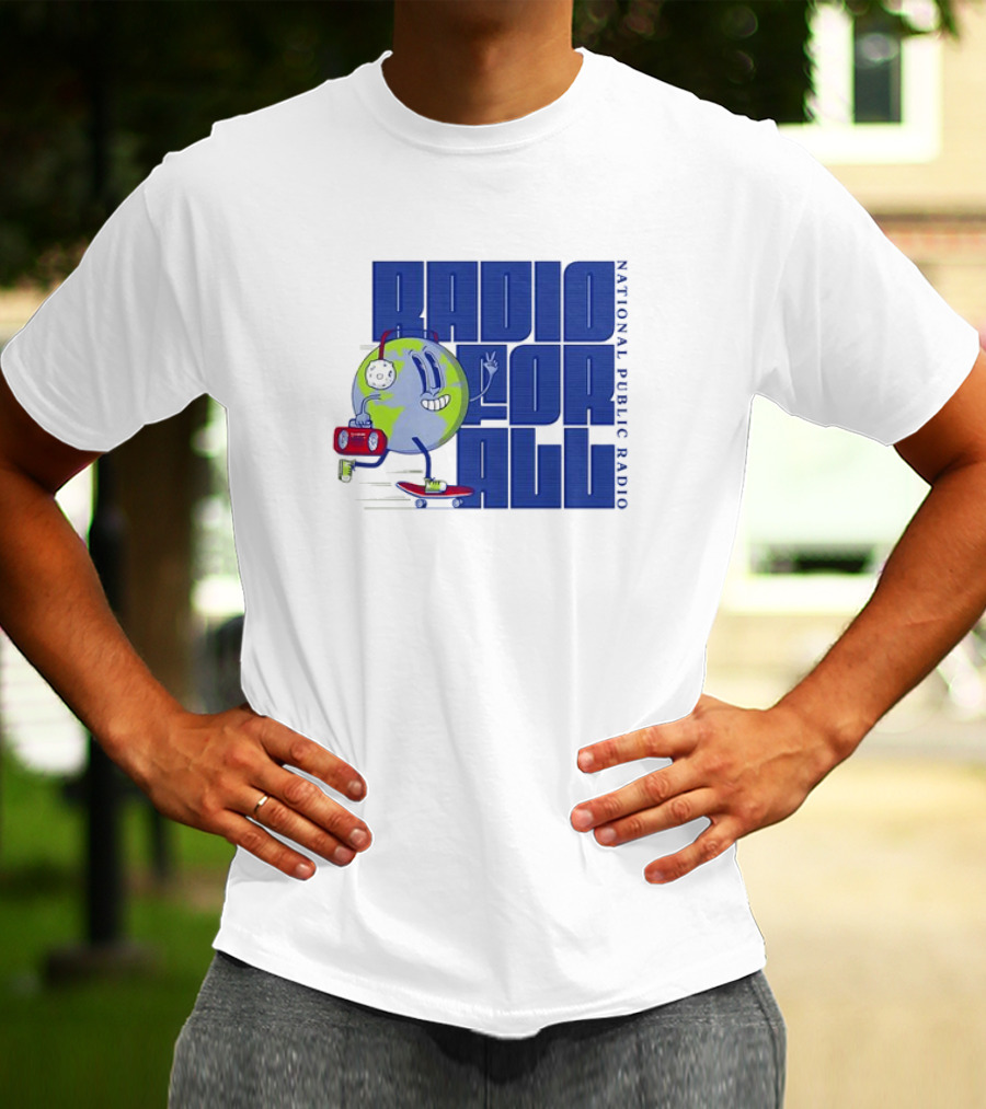 RADIO FOR ALL National Public Radio Cartoon Skateboarding Globe T-Shirt