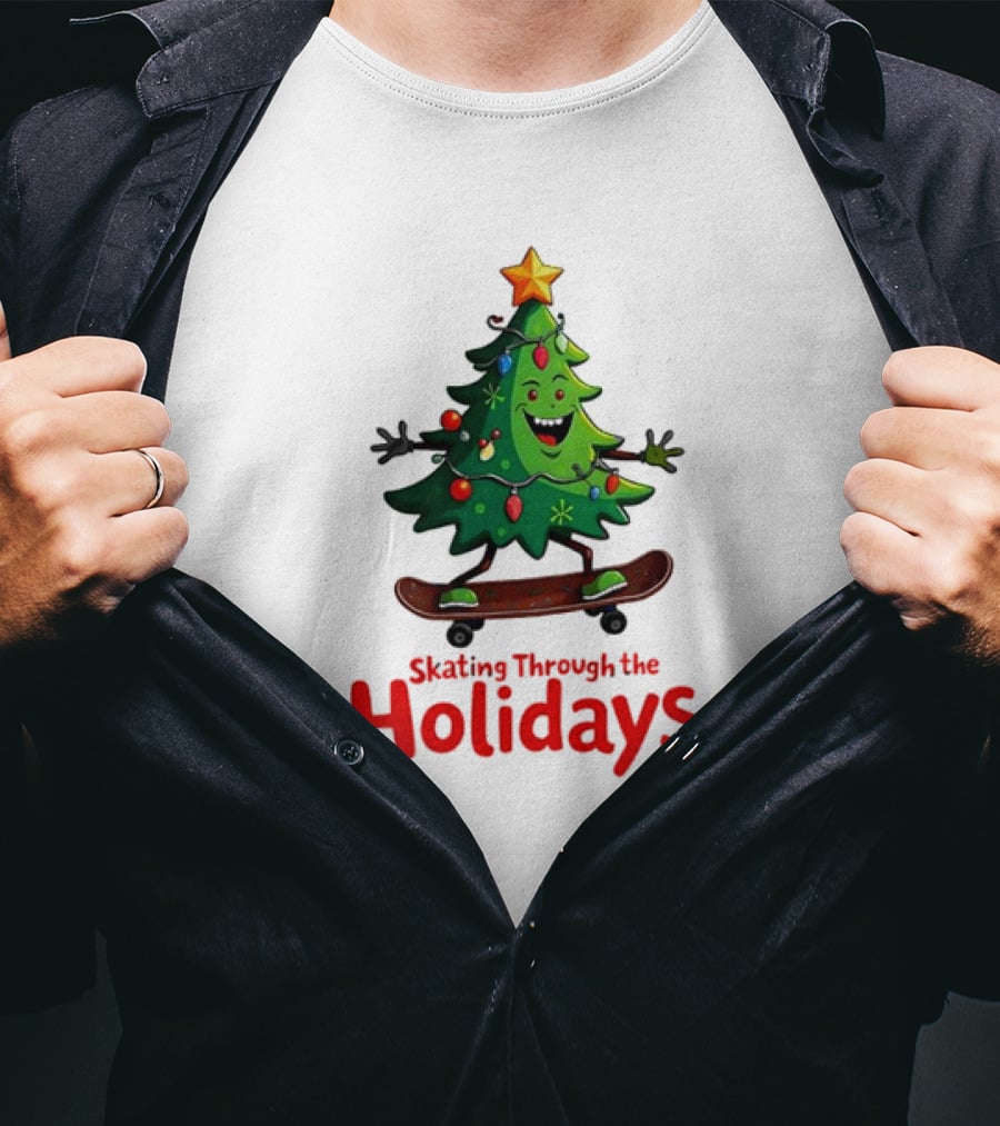 Skating Through The Holidays Christmas Tree Skateboard T-Shirt