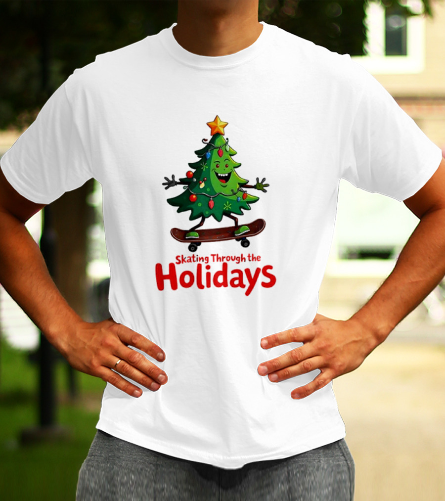 Skating Through The Holidays Christmas Tree Skateboard T-Shirt