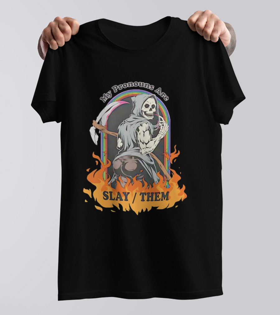 Skeleton My Pronouns Are Slay Them Cartoon Retro Rainbow Flames T-Shirt