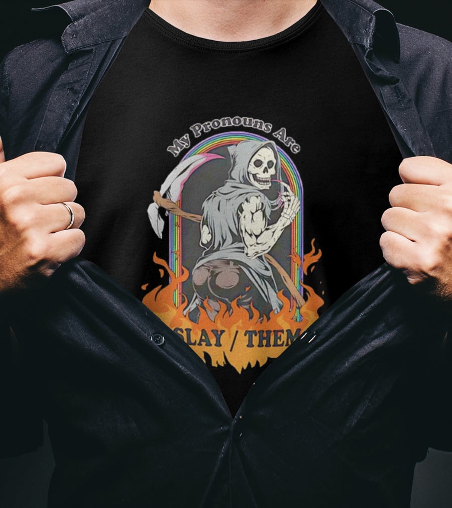 Skeleton My Pronouns Are Slay Them Cartoon Retro Rainbow Flames T-Shirt