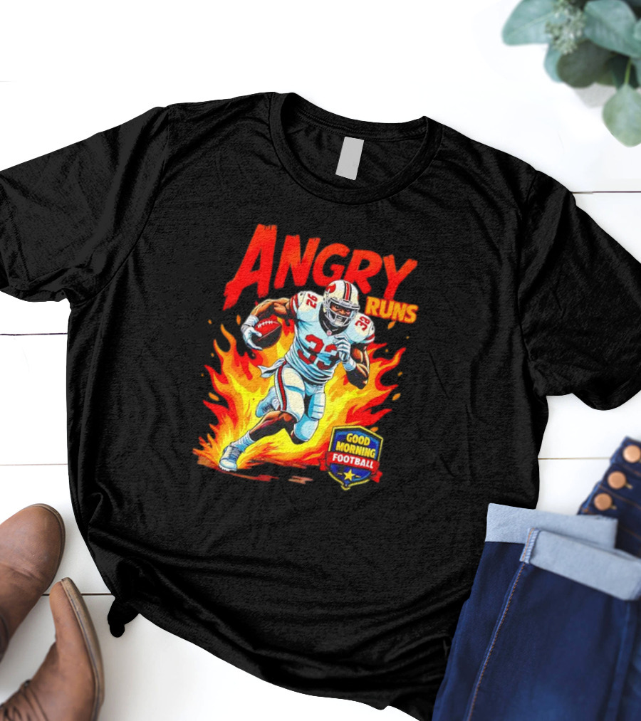 Angry Runs Good Morning Football Flaming Football Player 26 T-Shirt
