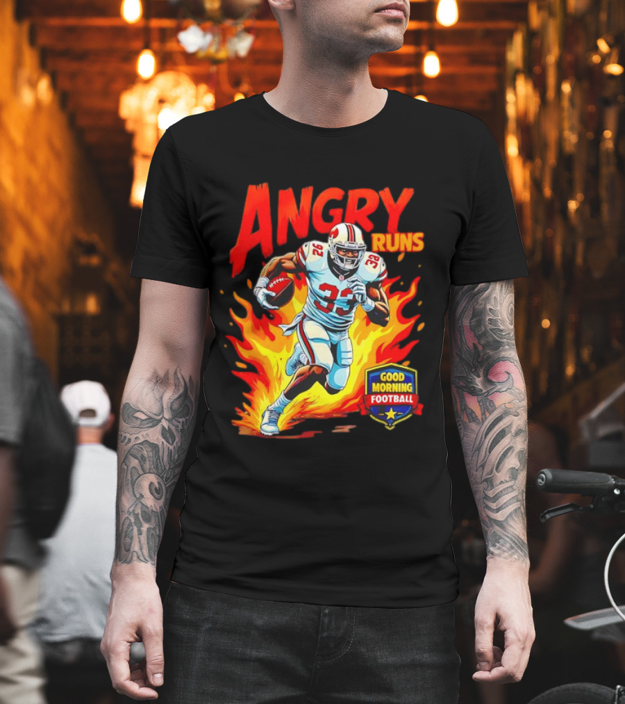 Angry Runs Good Morning Football Flaming Football Player 26 T-Shirt