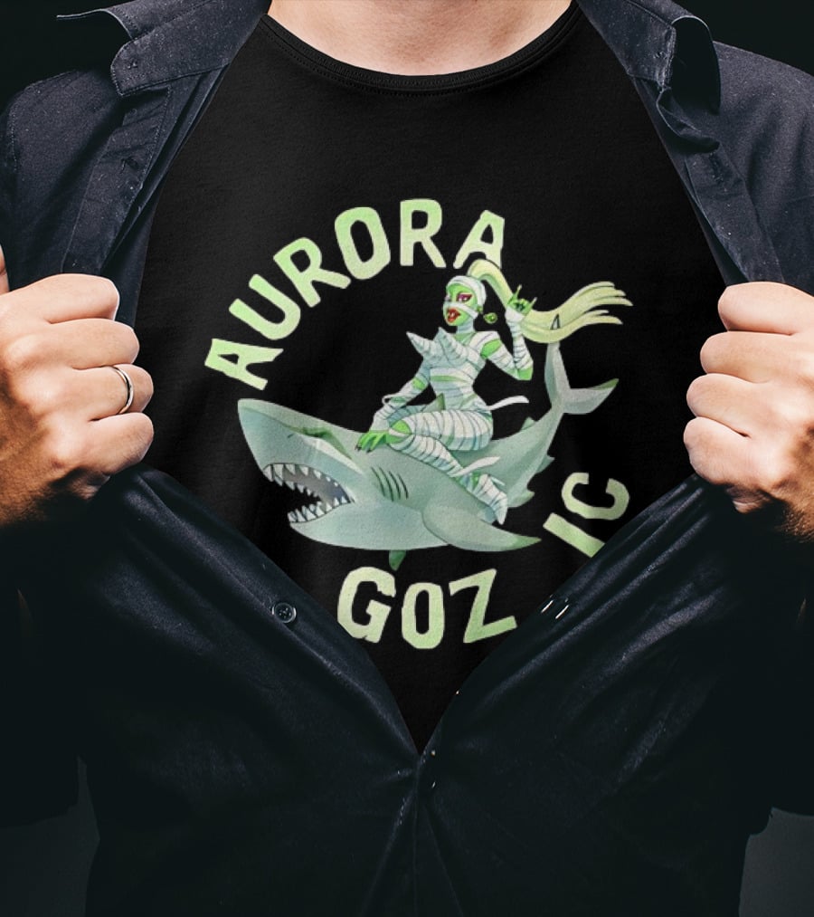 Aurora Gozmic Cartoon Mummy Riding Shark T-Shirt