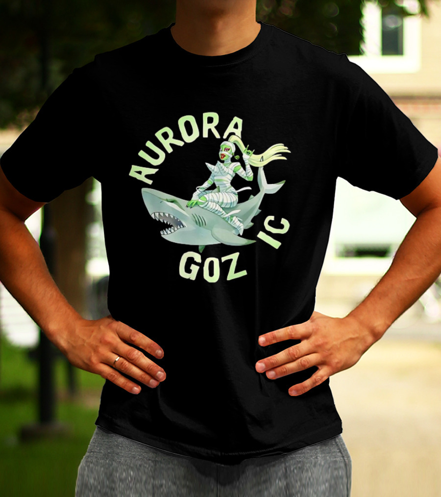Aurora Gozmic Cartoon Mummy Riding Shark T-Shirt