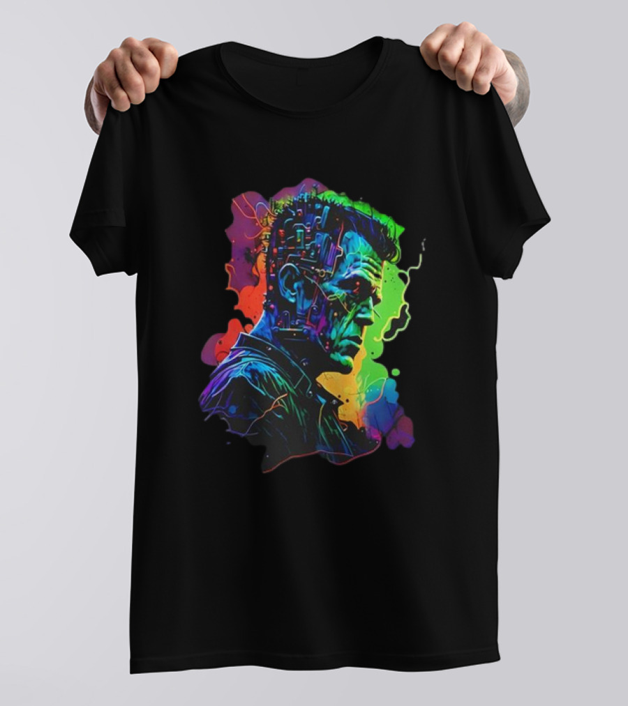 Cyberpunk Frankenstein Neon Circuit Profile T-Shirt