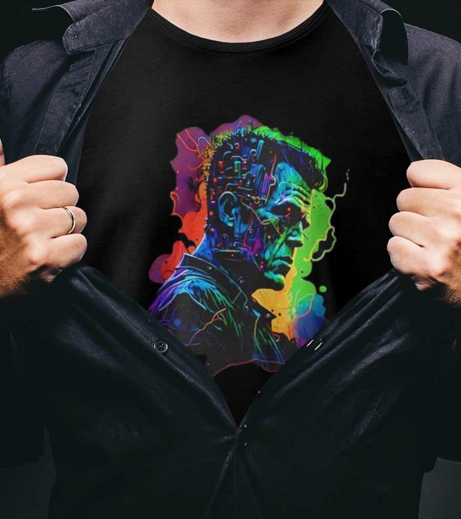 Cyberpunk Frankenstein Neon Circuit Profile T-Shirt