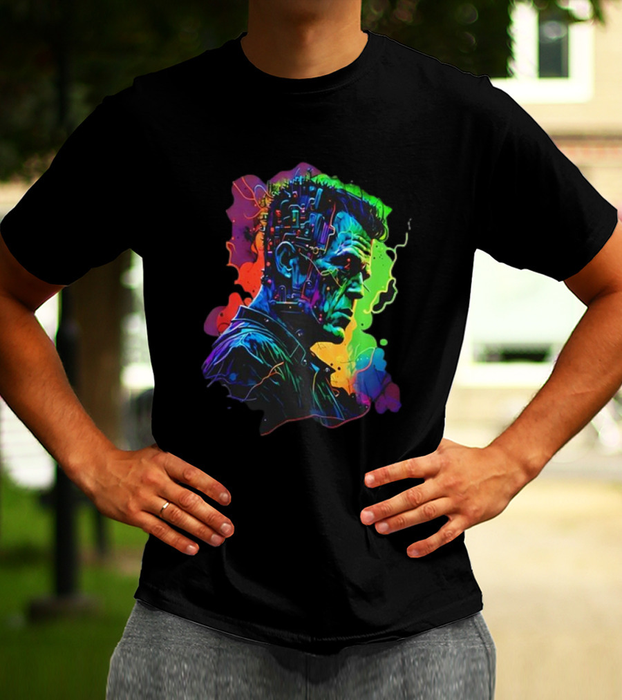 Cyberpunk Frankenstein Neon Circuit Profile T-Shirt