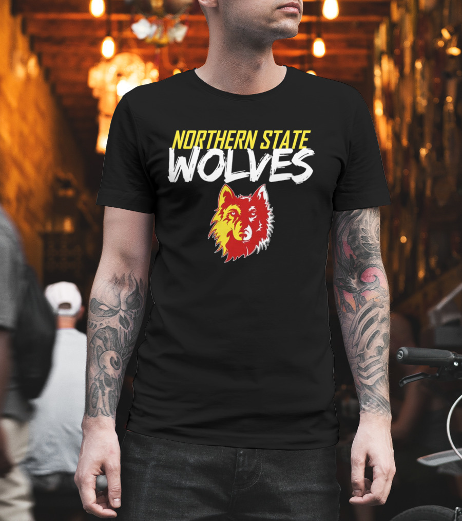 Northern State Wolves Yellow And Red Graffiti Wolf Face T-Shirt