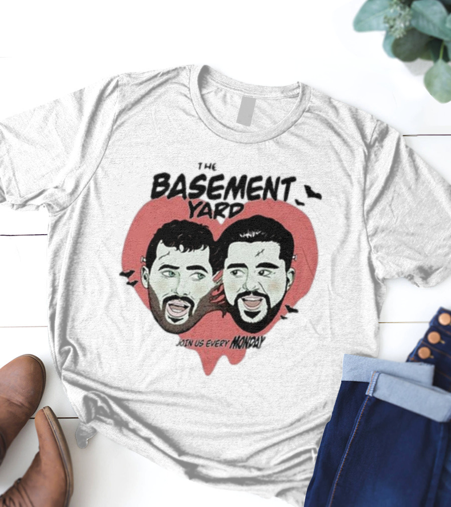 The Basement Yard Join Us Every Monday Spooky Season With Two Characters And Bats T-Shirt