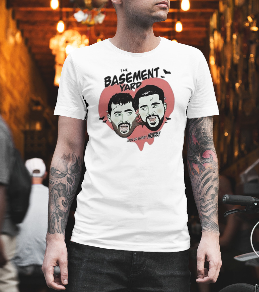 The Basement Yard Join Us Every Monday Spooky Season With Two Characters And Bats T-Shirt