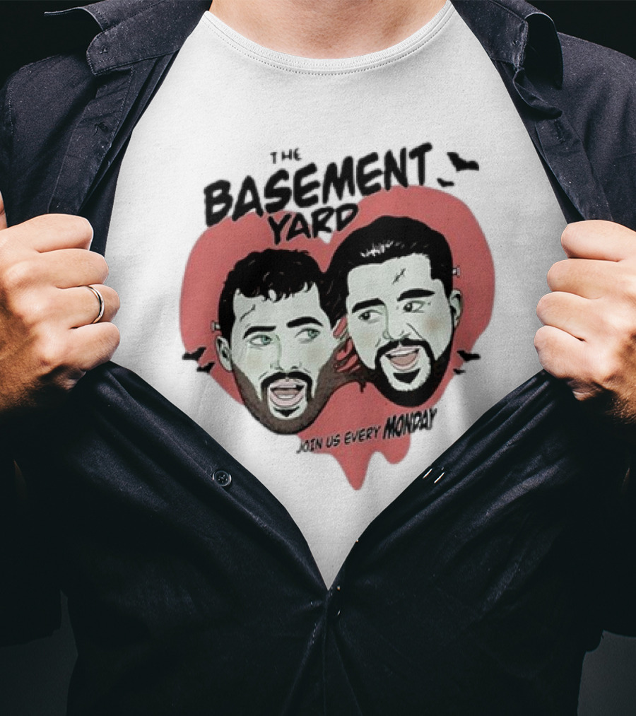 The Basement Yard Join Us Every Monday Spooky Season With Two Characters And Bats T-Shirt